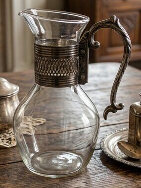 Vintage Clear Glass Pitcher Plated Silver Rim and Handle